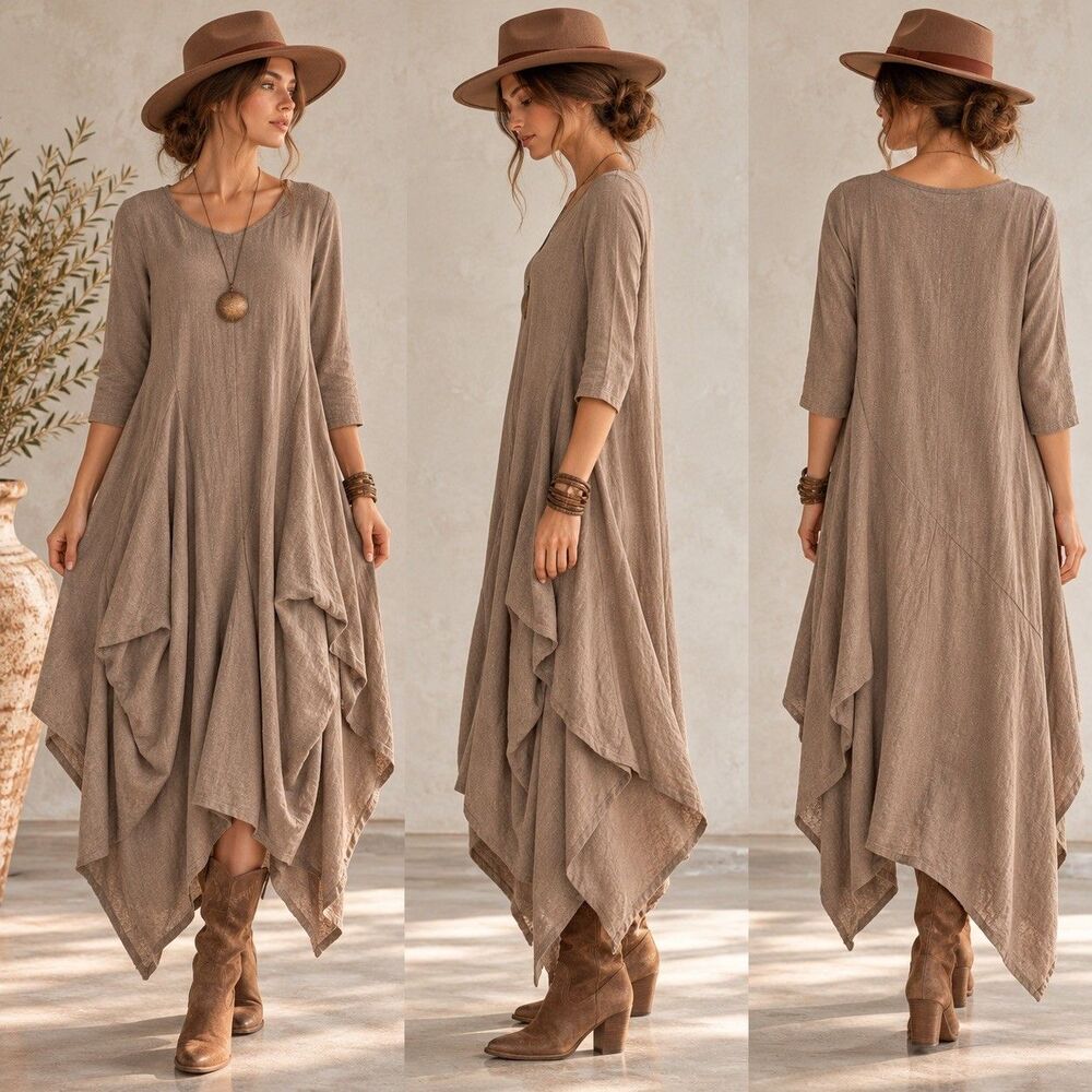 Lagenlook Avant Garde Taupe Sculptural Layered Dress Linen Look Art Wear